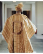 Elegant Caramel Brown Aso Oke Agbada Set for Men, Handwoven Nigerian Yoruba Traditional Outfit with Matching Cap & Coral Bead Necklace - Image 3