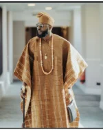 Elegant Caramel Brown Aso Oke Agbada Set for Men, Handwoven Nigerian Yoruba Traditional Outfit with Matching Cap & Coral Bead Necklace