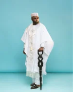 Premium Ice White Groom Agbada 3-Piece Set for Men – African Yoruba Traditional Wear with Intricate Silver Embroidery - Image 9