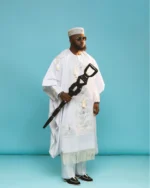 Premium Ice White Groom Agbada 3-Piece Set for Men – African Yoruba Traditional Wear with Intricate Silver Embroidery - Image 10
