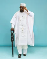 Premium Ice White Groom Agbada 3-Piece Set for Men – African Yoruba Traditional Wear with Intricate Silver Embroidery