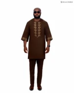 Men’s Chocolate Brown Senator Native Wear with Gold Geometric Embroidery – Premium African Kaftan - Image 2