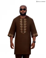 Men’s Chocolate Brown Senator Native Wear with Gold Geometric Embroidery – Premium African Kaftan