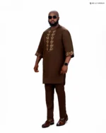Men’s Chocolate Brown Senator Native Wear with Gold Geometric Embroidery – Premium African Kaftan - Image 4