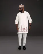 Men’s White Senator Native Wear with Multicolour Hem and Sleeve Embroidery plus Matching Hausa Cap – Elegant African Two-Piece