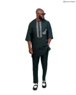 Men’s Deep Green Senator Native Wear with White Geometric Embroidery and Side Pocket - Image 2