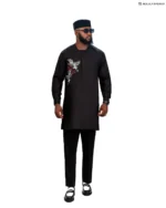 Men’s Black Senator Native Wear with Luxury Bird Embroidery and Matching Cap – Premium Long-Sleeve
