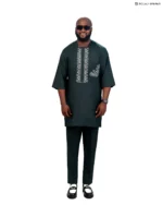 Men’s Deep Green Senator Native Wear with White Geometric Embroidery and Side Pocket