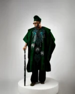 Emerald Green Velvet Royal Agbada for Men – Deluxe African Traditional 3-Piece Attire with Rich Embroidery