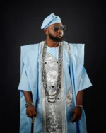 Royal Sky Blue African Men’s Agbada – Luxury Silver Embroidered Traditional Kaftan with Layered Beaded Necklace & Matching Fila Cap