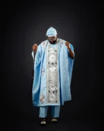 Royal Sky Blue African Men’s Agbada – Luxury Silver Embroidered Traditional Kaftan with Layered Beaded Necklace & Matching Fila Cap - Image 2
