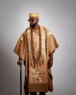 Regal Gold African Men’s Agbada – Luxury Embroidered Traditional Kaftan with Beaded Necklace & Matching Cap - Image 2