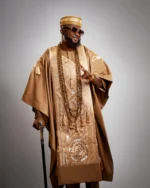Regal Gold African Men’s Agbada – Luxury Embroidered Traditional Kaftan with Beaded Necklace & Matching Cap - Image 3