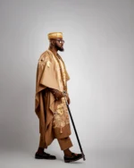 Regal Gold African Men’s Agbada – Luxury Embroidered Traditional Kaftan with Beaded Necklace & Matching Cap - Image 4
