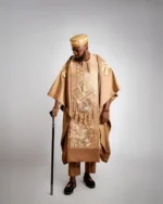 Regal Gold African Men’s Agbada – Luxury Embroidered Traditional Kaftan with Beaded Necklace & Matching Cap